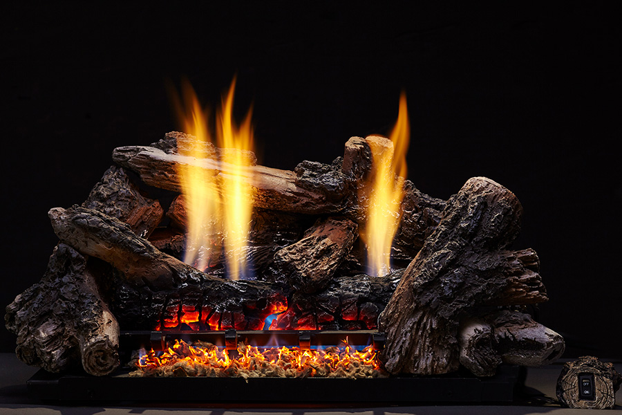 Close up of gas log fireplace