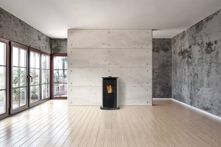 Pellet stove in cement wall modern room