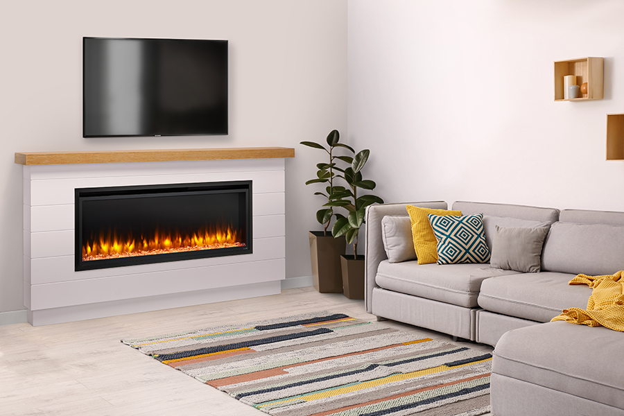 Electric fireplace in bright living room